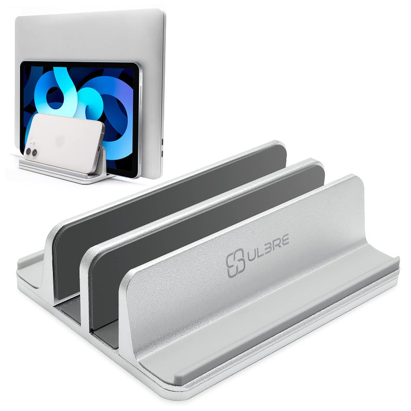 ULBRE Vertical Laptop Stand for Desk Aluminum Heavy Duty, 4 Slots Adjustable Laptop Holder MacBook Stands Compatible All iPad Surface Samsung HP Chromebook iPad Pro Air Upto 17.5'- Silver - Image 1
